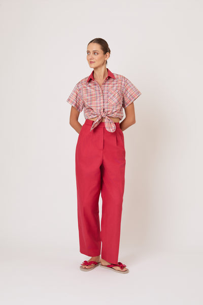Tailored Tie Me Up, Tie Me Button Down in Ombre Plaid Silk Taffeta