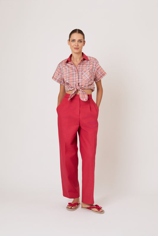 Tailored Tie Me Up, Tie Me Button Down in Ombre Plaid Silk Taffeta