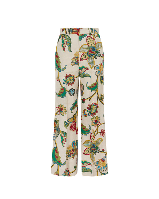 Paneled & Piped Flare Pant in Linen Floral Tapestry