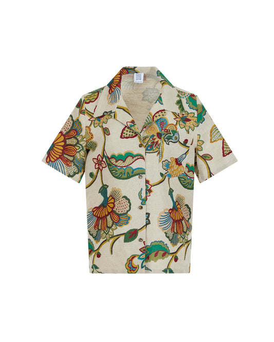 Button-Up Short Sleeve in Linen Floral Tapestry