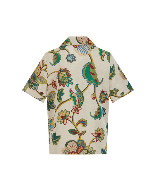 Button-Up Short Sleeve in Linen Floral Tapestry