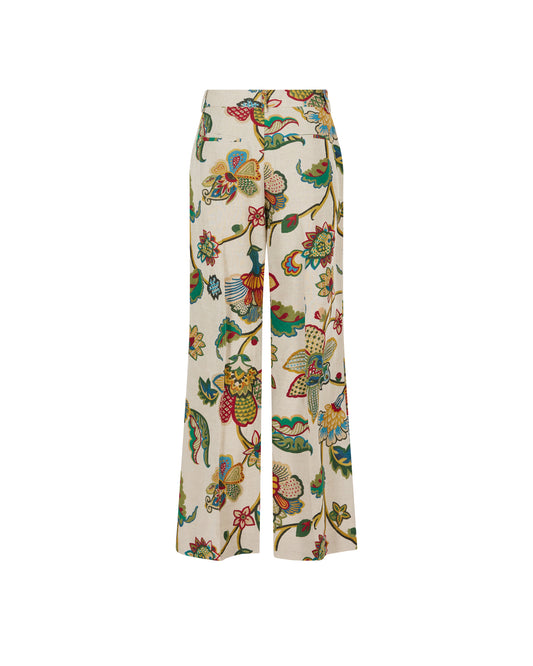 Paneled & Piped Flare Pant in Linen Floral Tapestry