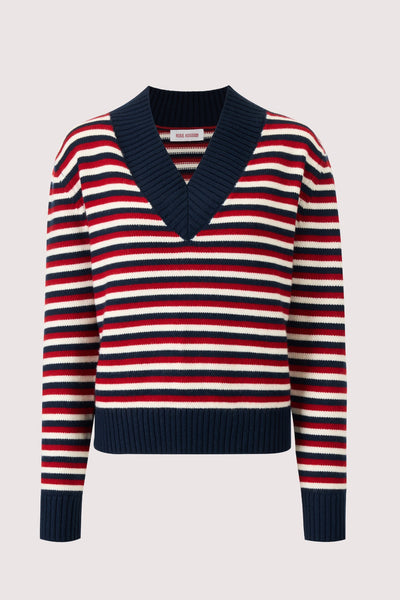 Striped V Neck Sweater in Merino Wool