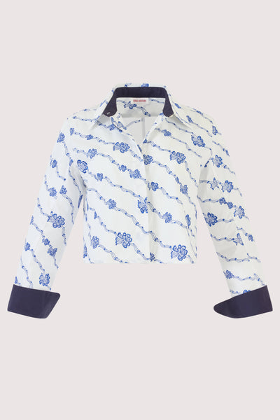 Cropped Button Down in Winding Vines Embroidered Poplin