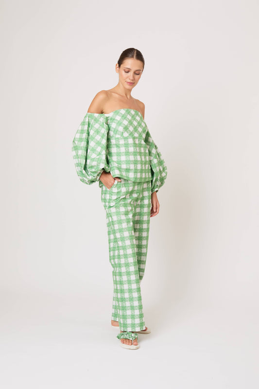 Empire Balloon Sleeve Top in Picnic Embroidered Gingham