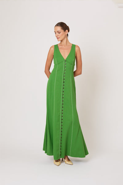 Row, Row, Row Your Buttons Dress in Spongy Crepe