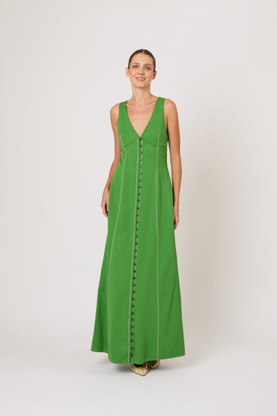 Row, Row, Row Your Buttons Dress in Spongy Crepe