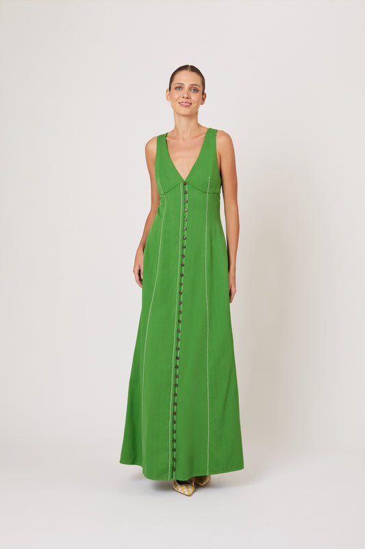 Row, Row, Row Your Buttons Dress in Spongy Crepe
