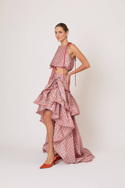 Ruffled Flouncy Ball Skirt in Ombre Plaid Silk Taffeta