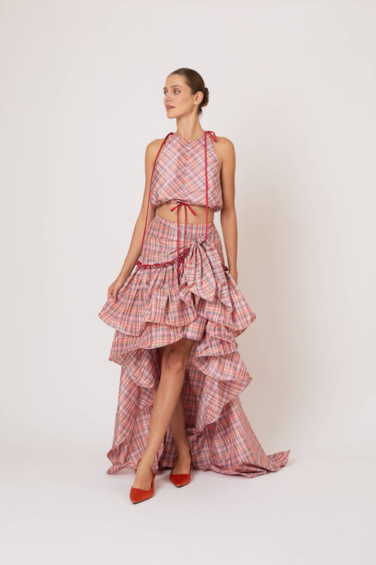 Ruffled Flouncy Ball Skirt in Ombre Plaid Silk Taffeta