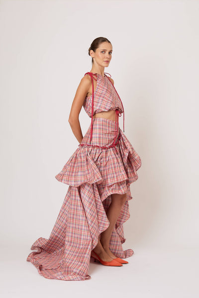 Ruffled Flouncy Ball Skirt in Ombre Plaid Silk Taffeta