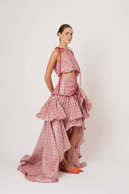 Ruffled Flouncy Ball Skirt in Ombre Plaid Silk Taffeta