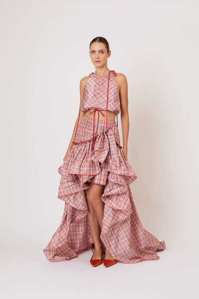Ruffled Flouncy Ball Skirt in Ombre Plaid Silk Taffeta