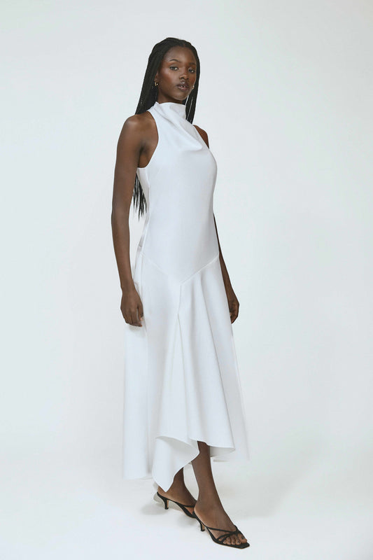 Dropped & Dramatic Dress in Swiss Pique Cotton