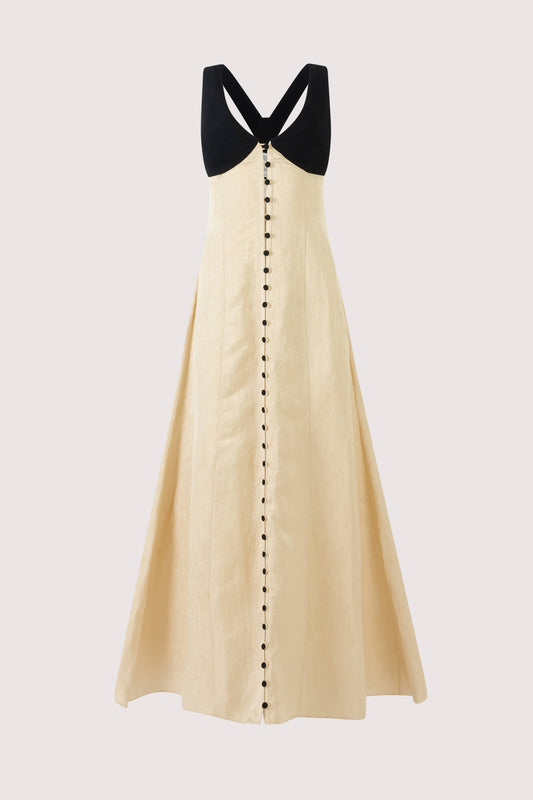 Row, Row, Row Your Buttons Dress in Malta Linen Jacquard