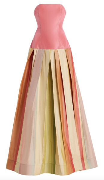 Strapless Drop Waist Gown in Striped Taffeta