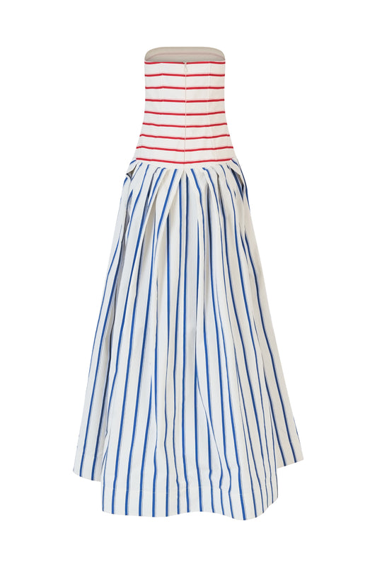 Strapless Drop Waist Gown in Coastal Stripe Cotton