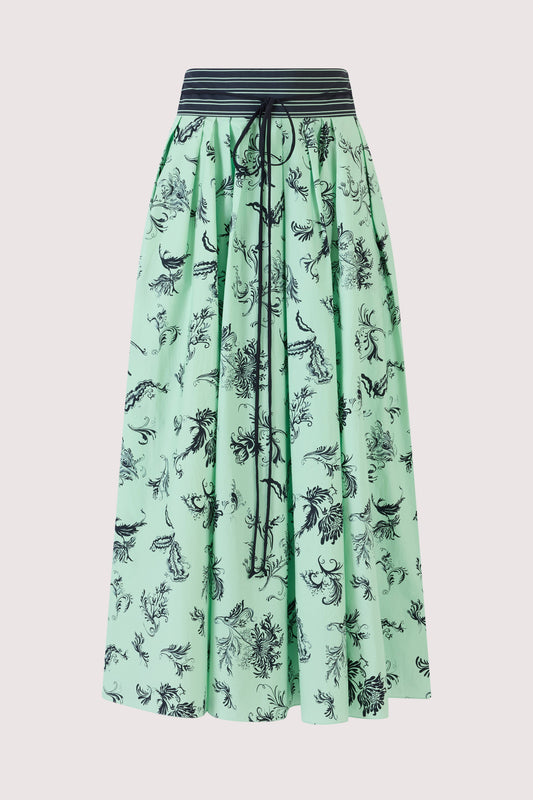 Tie Full Pleated Skirt in Tossed Floral Cotton Poplin