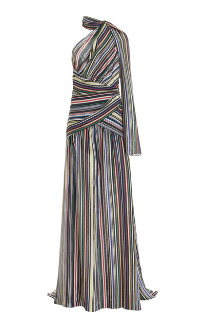 One Shoulder Accordion Gown in Multi Stripe