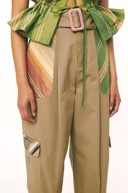 High Waisted Belted Cargo Pants - Khaki