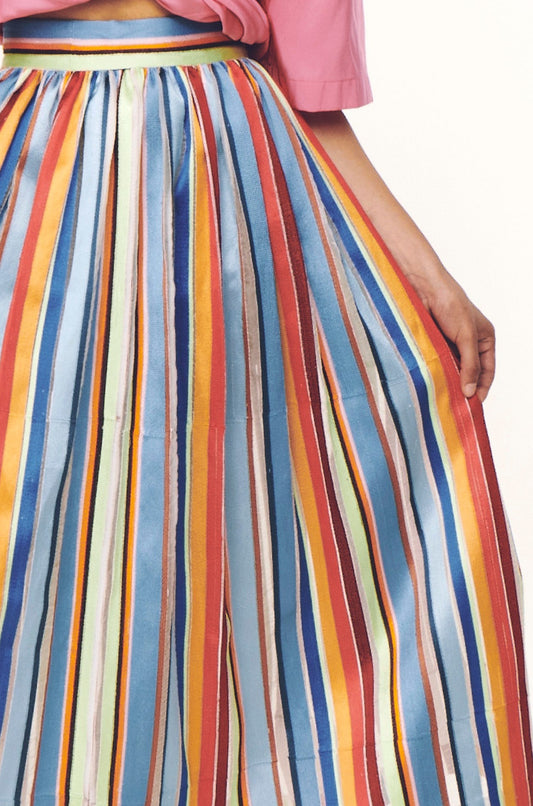 Gathered Embroidered Stripe Skirt - Rainbow