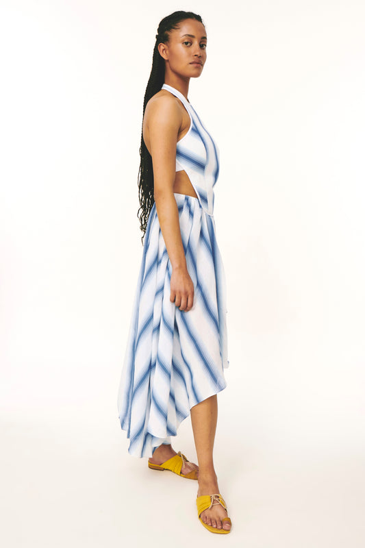 Halter Striped Embroidered Dress - Blue Ombré
