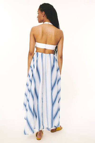 Halter Striped Embroidered Dress - Blue Ombré