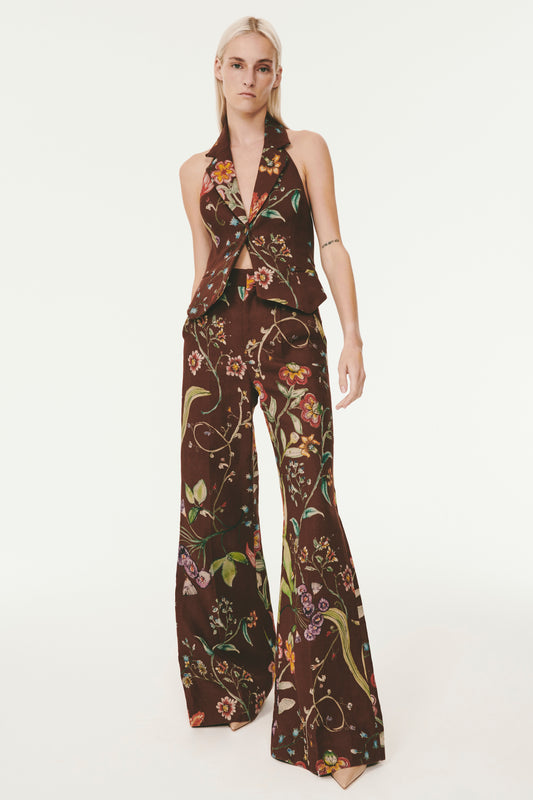 Full Length Flare Trouser - Brown Floral Print