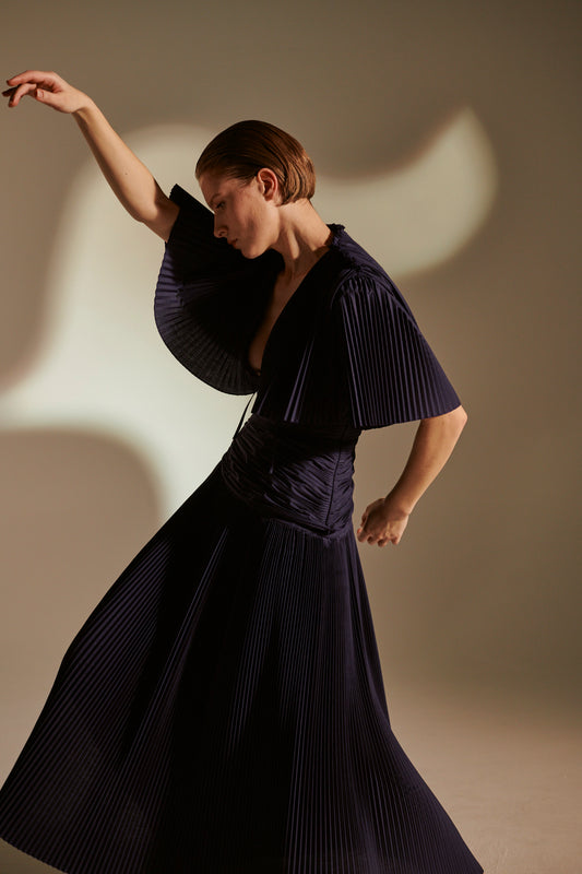 Knife Pleat Capelette Dress - Navy