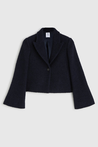 Cropped Single Breast Blazer - Blue Bouclé