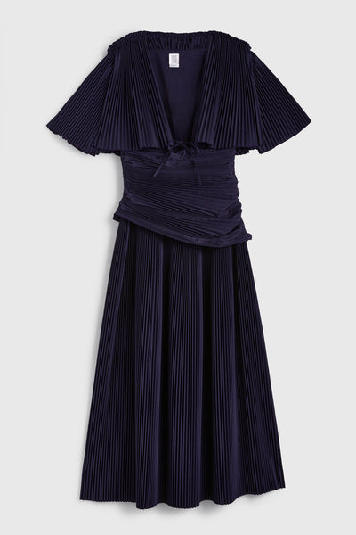 Knife Pleat Capelette Dress - Navy