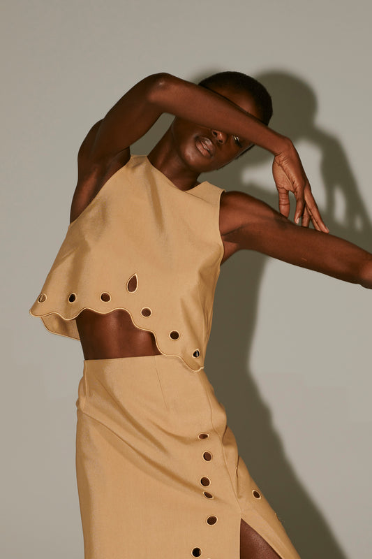 Eyelet Up & Under Crop Top - Tan