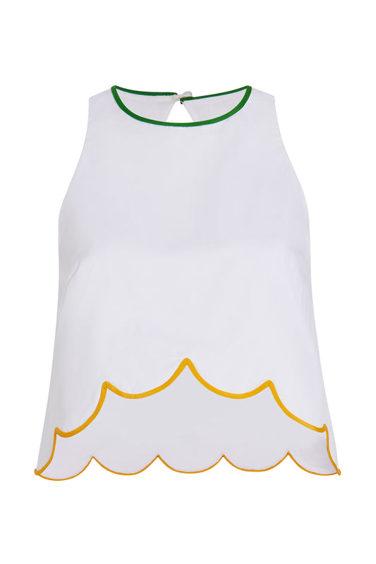 Scallop Hem Tank Top with Rainbow Piping - White