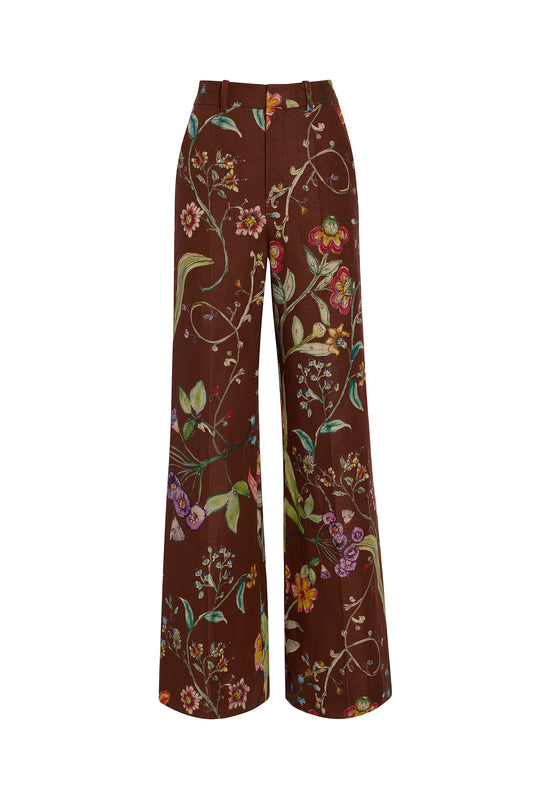 Full Length Flare Trouser - Brown Floral Print